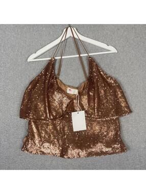 TJD Top Womens US 2 Faro Sequin Rose Gold Copper Off The Shoulder Fairy NEW